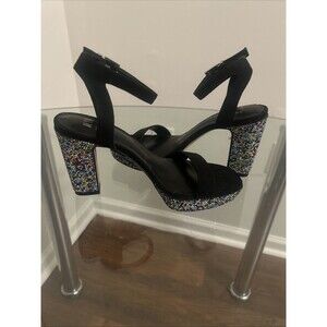 Mix No. 6 Women Black Heels With Multicolor Rhinestones Size 6M